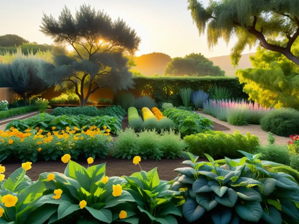 Un jardín orgánico rebosante de vida y luz dorada, con frutas y verduras vibrantes