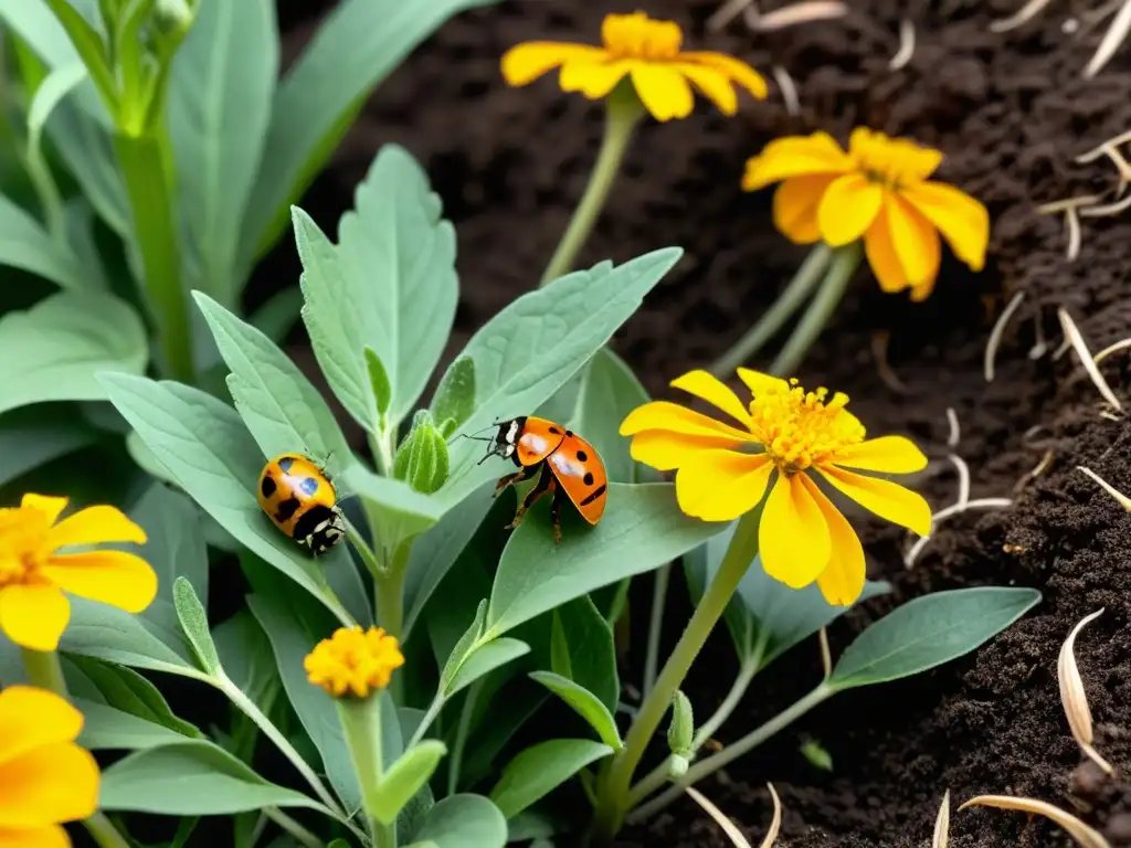 Jardín orgánico rebosante de vida con plantas repelentes de plagas