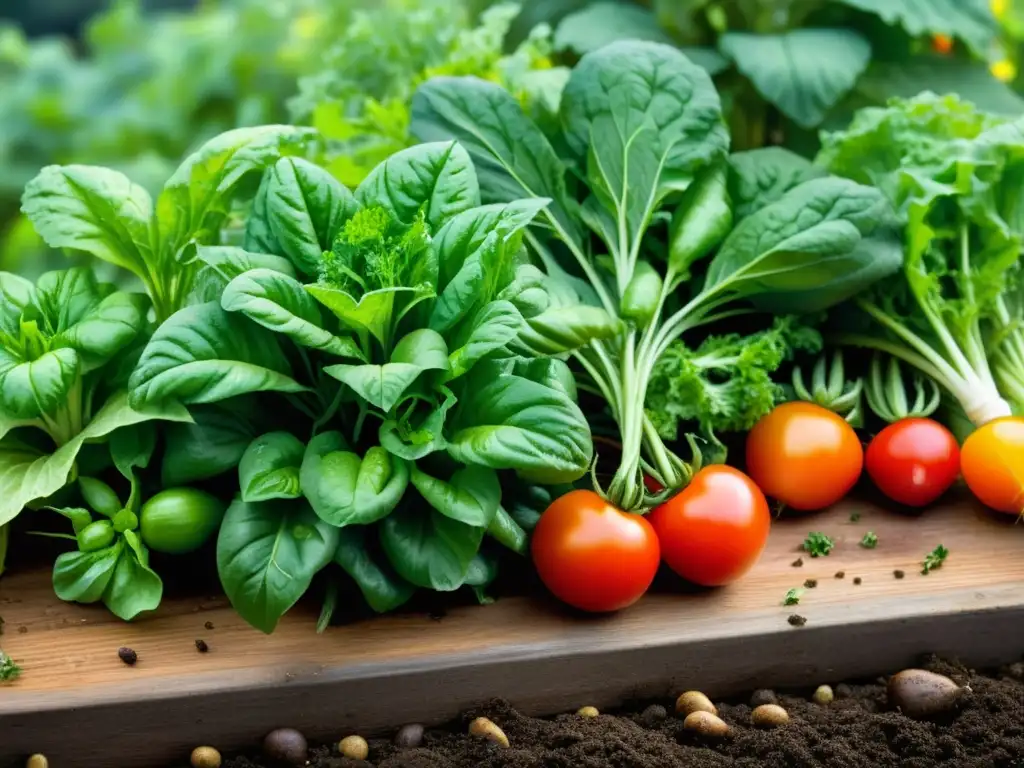 Un jardín orgánico rebosante de vida, con tomates, lechugas, zanahorias y hierbas frescas bajo la suave luz del sol