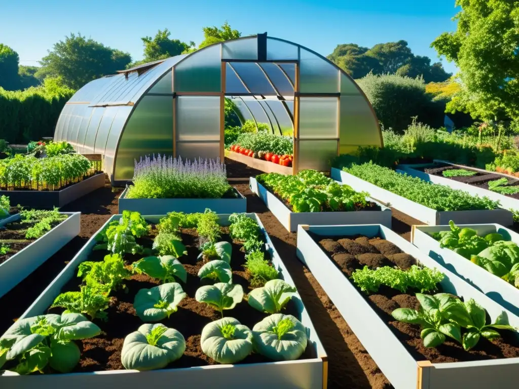 Un jardín orgánico próspero y sereno, con camas elevadas ordenadas, llenas de cultivos vibrantes y una pequeña casa de cristal al fondo