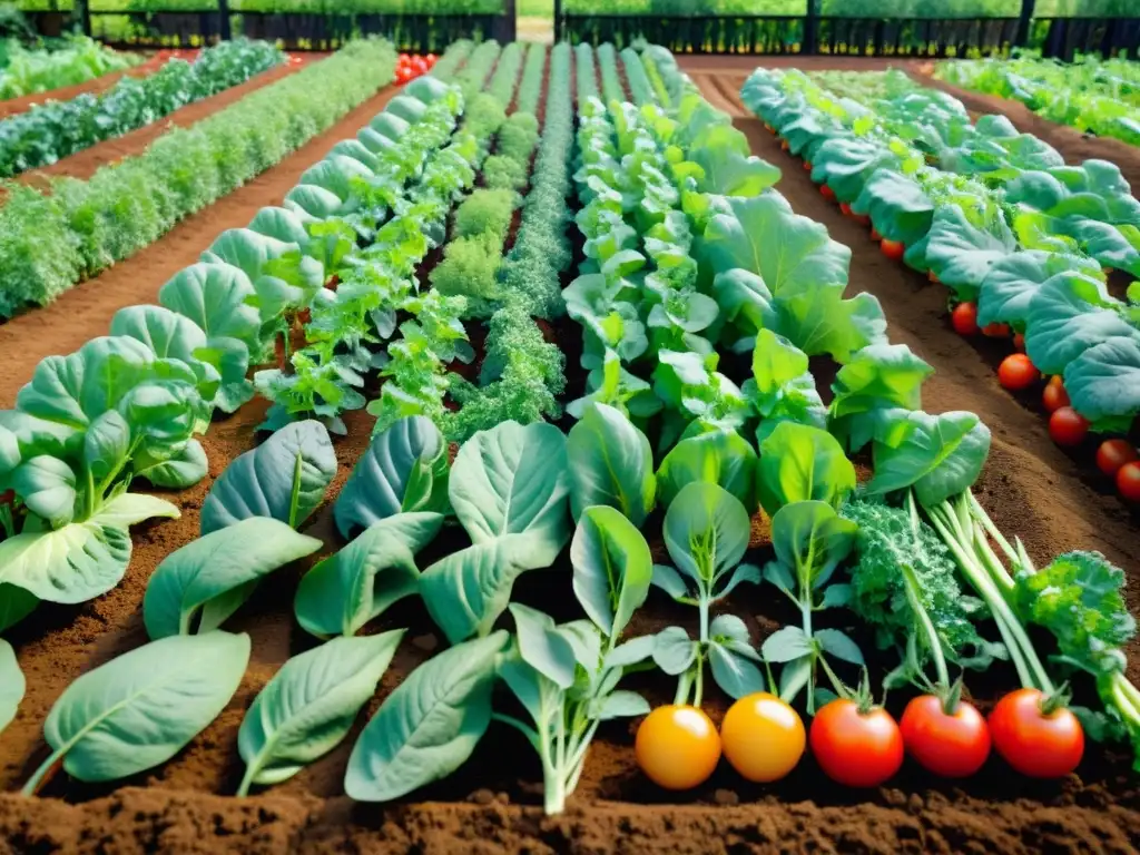 Un jardín orgánico sereno y vibrante, con hortalizas y tomates