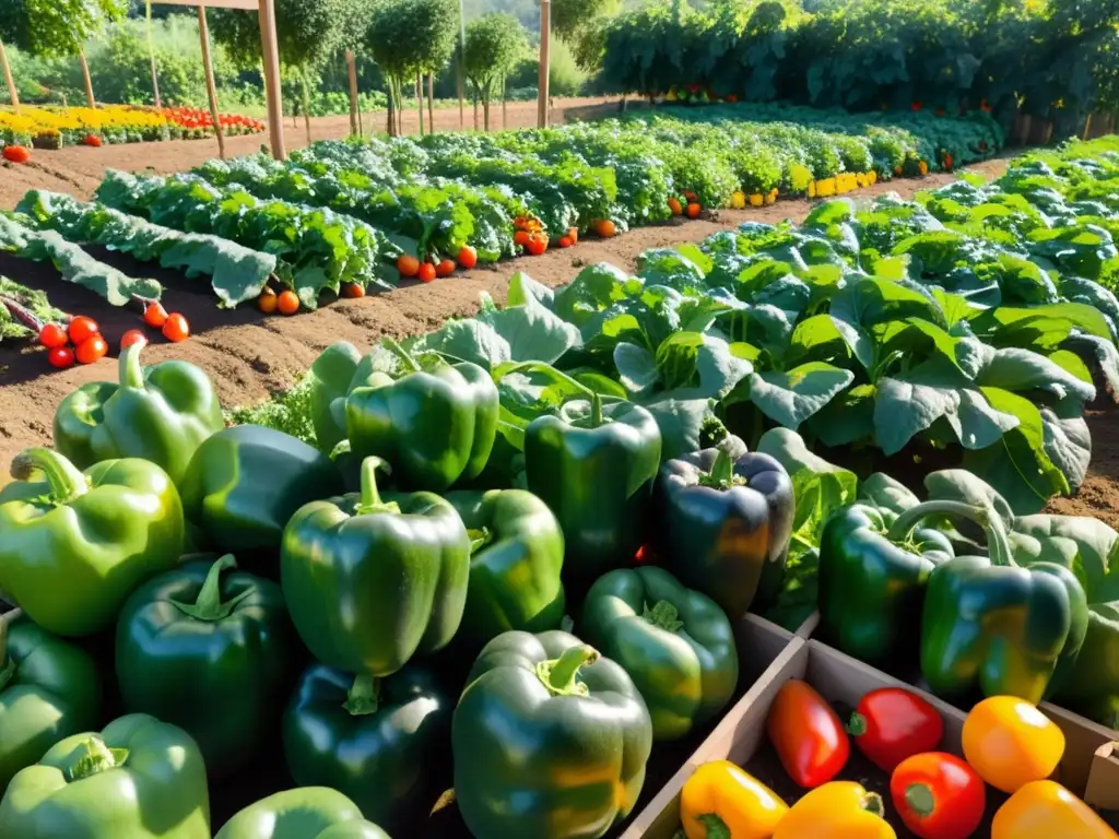 Un jardín orgánico sereno y vibrante, con hortalizas y letrero 'Alimentos Orgánicos', evoca paz y bienestar mental