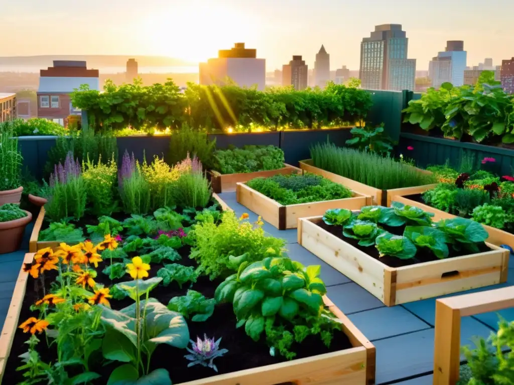 Un jardín orgánico urbano exuberante y vibrante con hortalizas y hierbas, bañado por la cálida luz dorada del sol