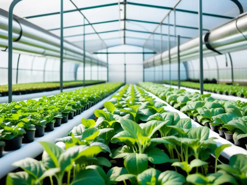 Jardín hidropónico orgánico con verduras y hierbas en un invernadero moderno, evocando una sensación de cultivo sostenible y natural