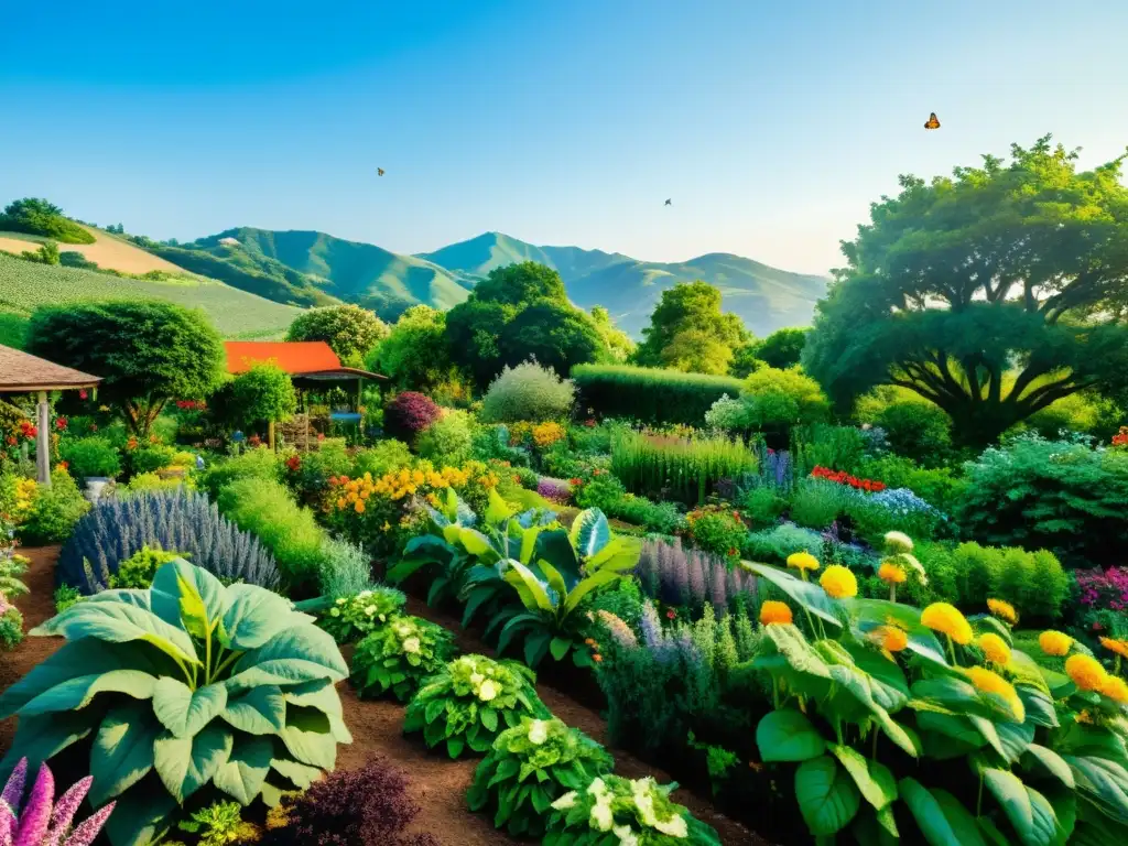 Un jardín orgánico vibrante y detallado que maximiza la biodiversidad, lleno de vida y colorida diversidad de frutas, verduras, hierbas y flores