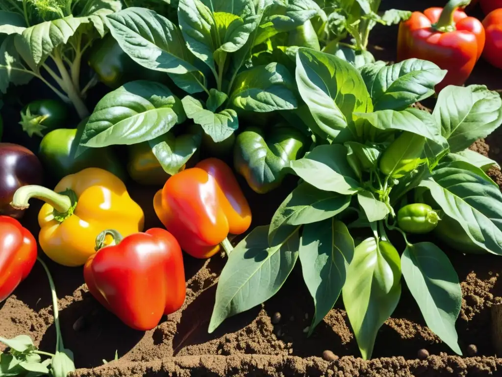 Un jardín orgánico vibrante y fresco, con variedad de vegetales y tonos terrosos