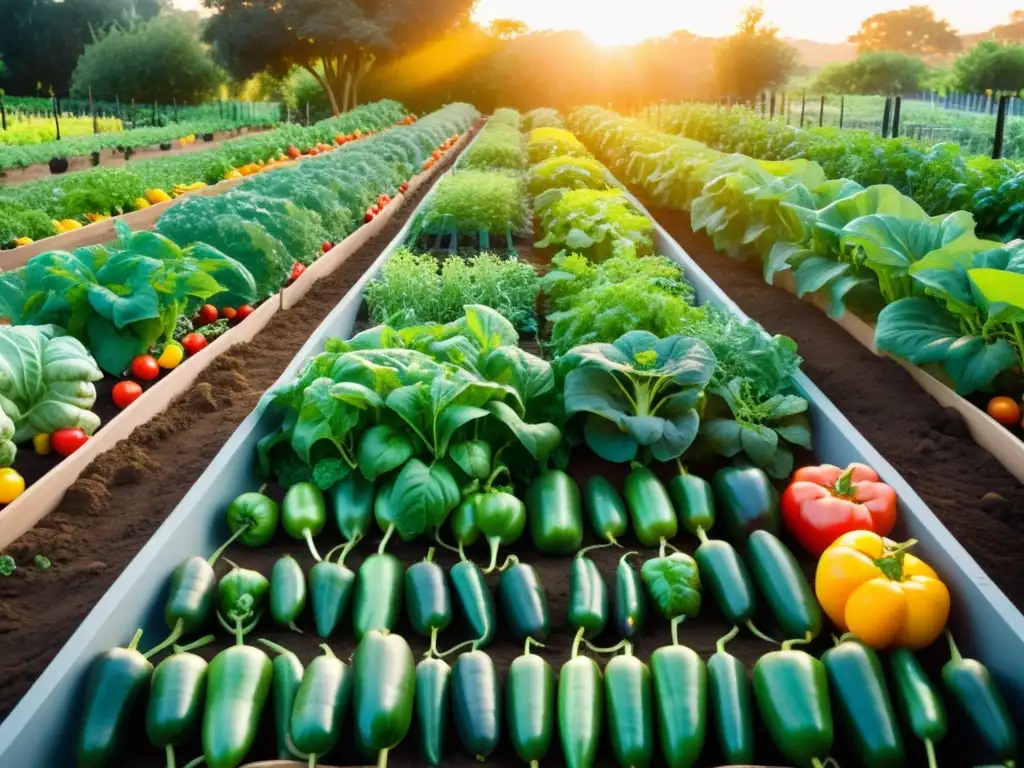 Un jardín orgánico vibrante y sereno, lleno de verduras frescas y coloridas