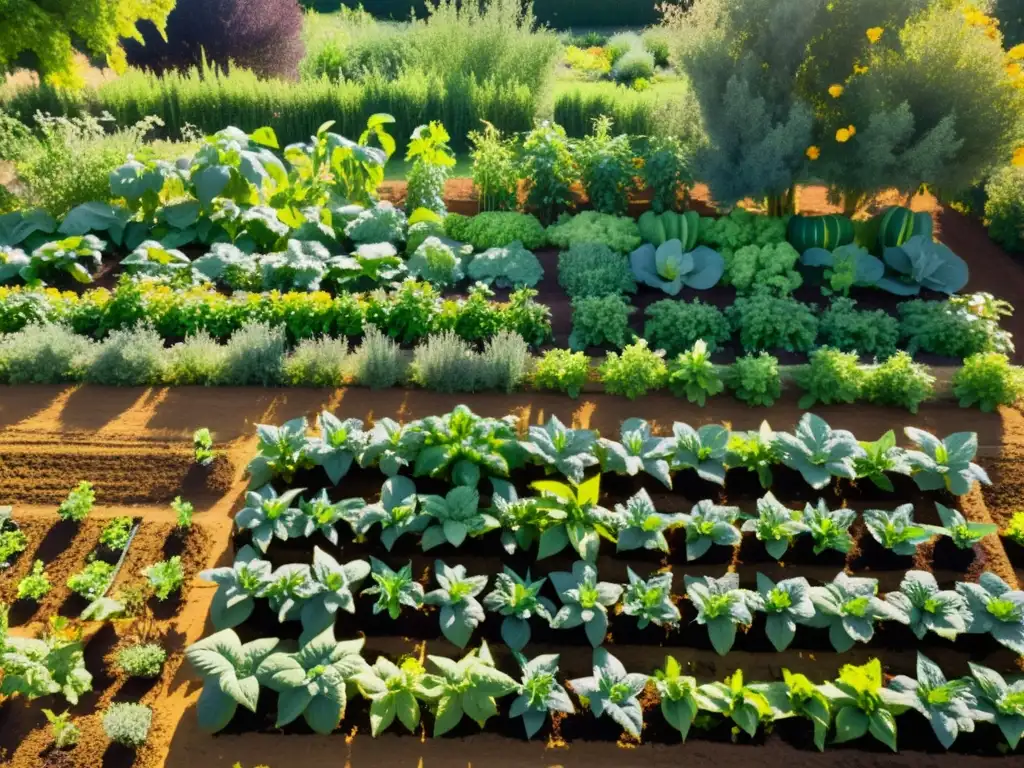 Un jardín orgánico vibrante y tranquilo con filas de vegetales coloridos bajo el cálido sol, emitiendo paz y armonía