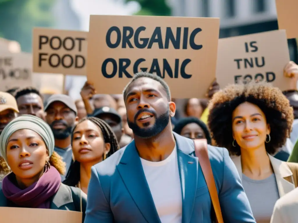 Manifestación pacífica por los beneficios de los alimentos orgánicos, con unidos rostros determinados y esperanzados bajo el cielo azul