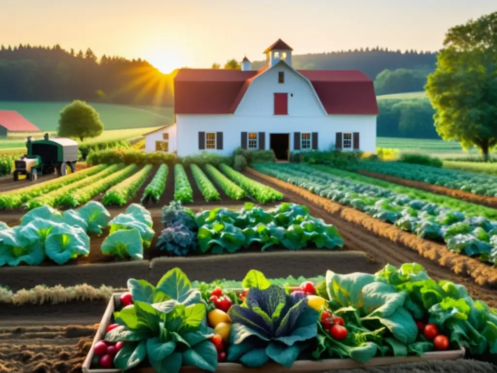 Granja orgánica: armonía natural y verduras vibrantes Un pacífico y acogedor campo orgánico con hortalizas vibrantes bañadas por el cálido sol