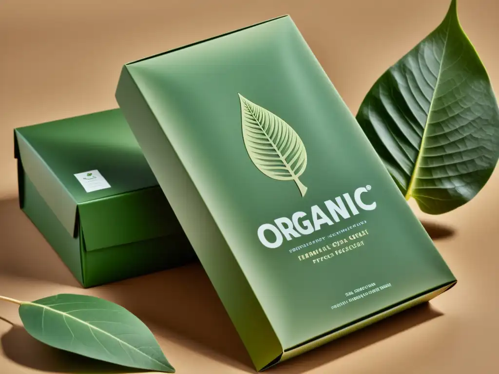 Packaging ecológico para alimentos orgánicos: diseño minimalista y sofisticado en tonos naturales con sutiles detalles de hojas grabadas