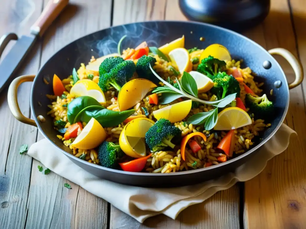 Paella de Verduras Orgánicas: Sabor y Color Una paella de verduras orgánicas sizzling, con vapor hipnotizante sobre una mesa rústica