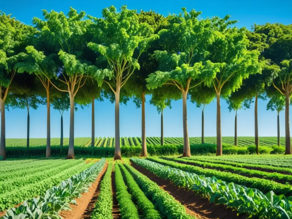 Un paisaje agroforestal bañado por el sol con cultivos vibrantes y árboles frondosos, en armonía con el cielo azul