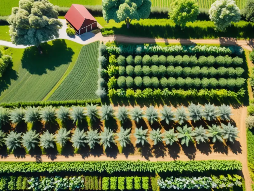 Un paisaje agroforestal exuberante y vibrante con árboles frutales y cultivos de vegetales orgánicos