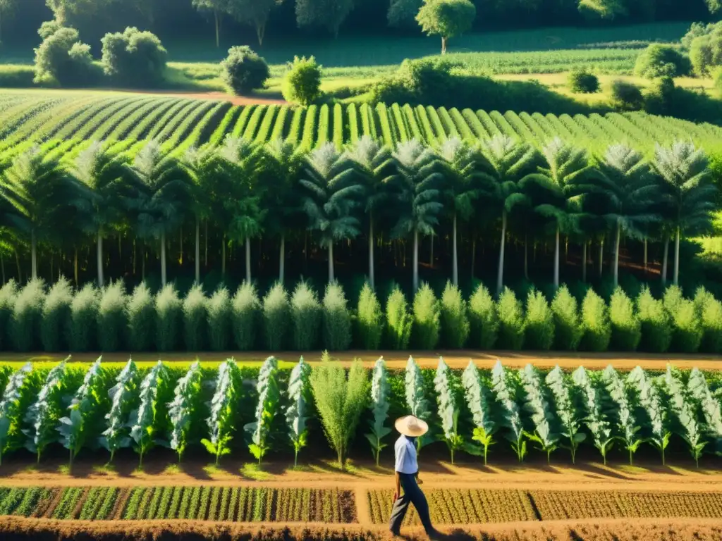 Un paisaje agroforestal sereno con cultivos y árboles altos