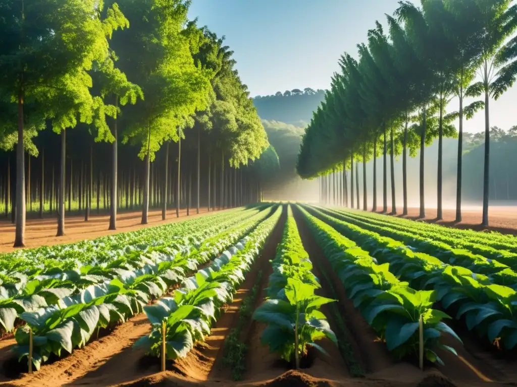 Un paisaje agroforestal sereno, con cultivos y árboles altos combinados en armonía, filtrando la luz solar entre las hojas