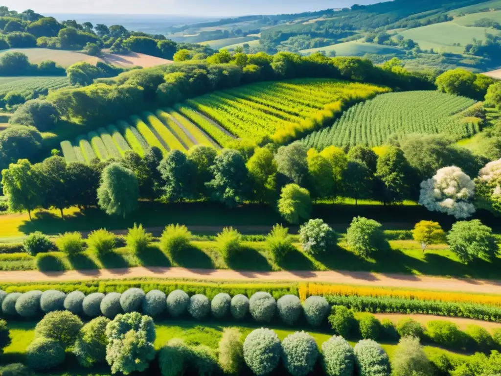 Un paisaje agroforestal sereno y exuberante, con árboles, cultivos y vida silvestre coexistiendo armoniosamente