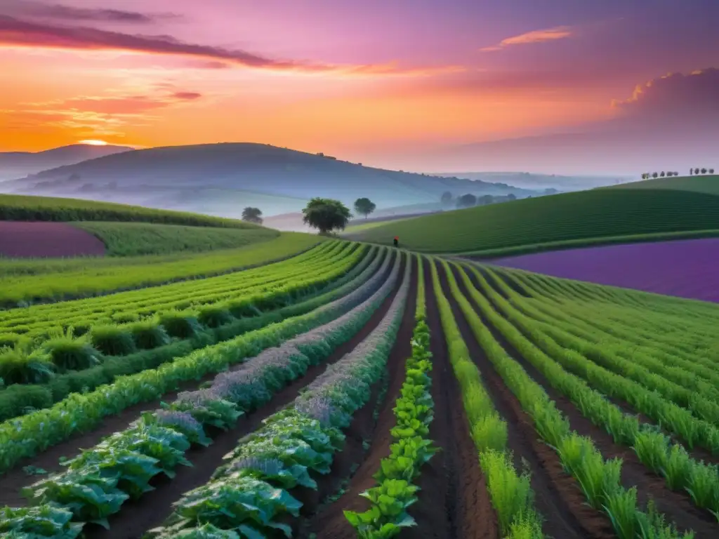 Un paisaje de agroforestería al atardecer con cultivos verdes y prácticas postcosecha alimentos orgánicos, evocando armonía y sostenibilidad