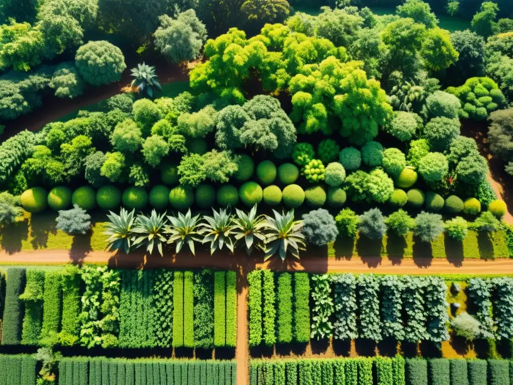 Armonía agroforestal: red de raíces y frutas vibrantes Un paisaje de agroforestería exuberante con árboles frutales y cultivos entrelazados, creando un ecosistema armonioso y sostenible