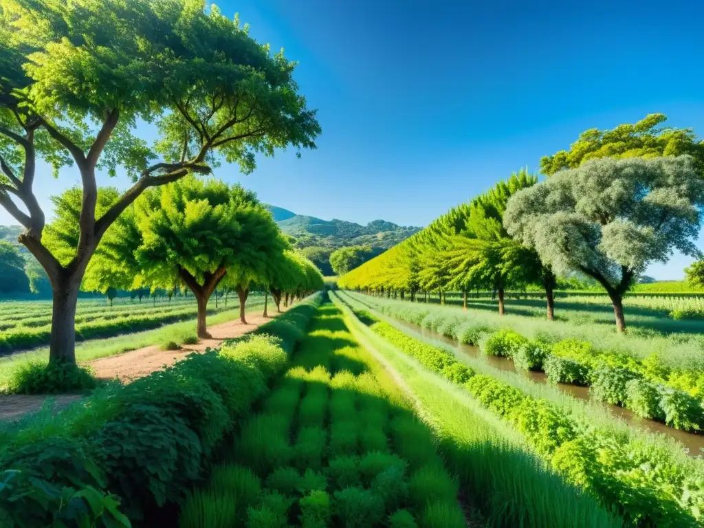 Fértil paisaje de agroforestería con exuberante vegetación y diversidad de árboles frutales, reflejando armonía y productividad natural