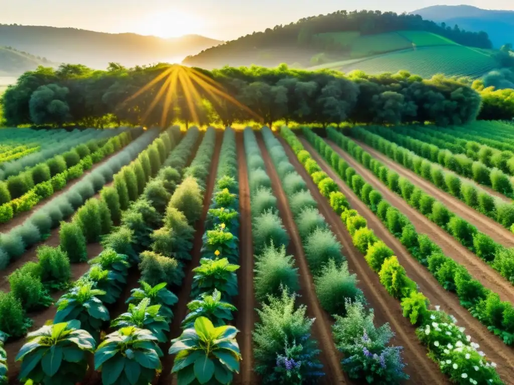 Un paisaje agrícola armonioso y sostenible con árboles frutales, hortalizas y técnicas de agroforestería para cultivos orgánicos