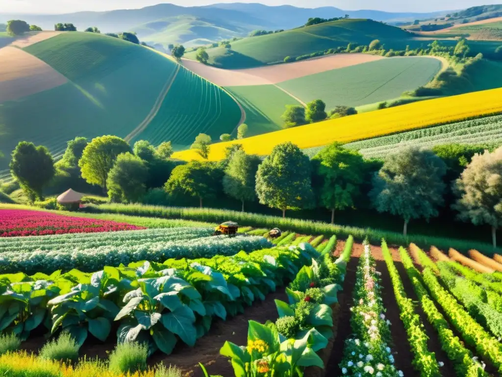 Un paisaje biodiverso y frondoso de cultivos orgánicos, reflejando las tendencias emergentes en la historia de la agricultura sostenible