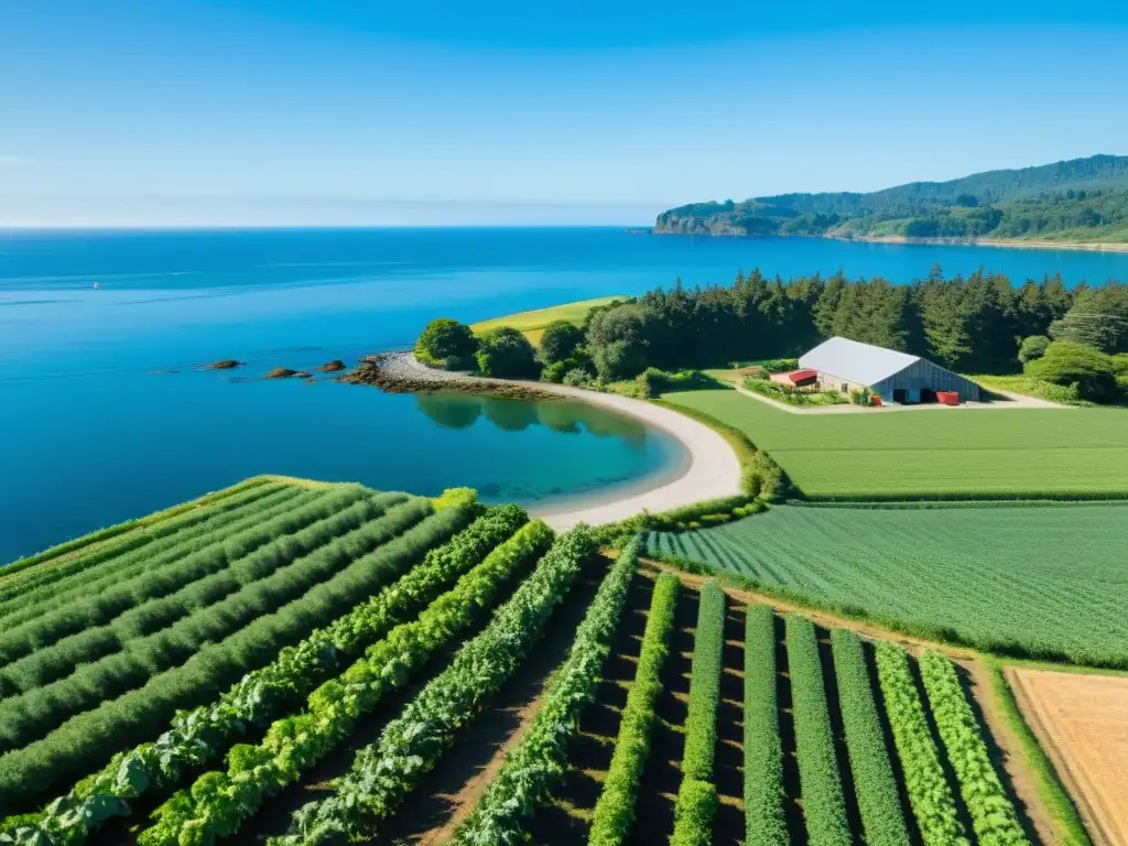 Un paisaje costero sereno con una pequeña granja orgánica bien cuidada entre la exuberante vegetación y el resplandeciente océano