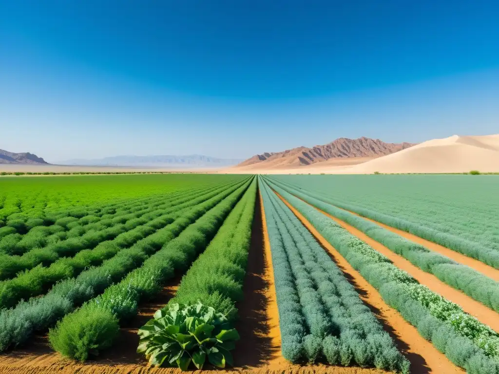 Un paisaje desértico transformado por abonos verdes en agricultura orgánica, con exuberante vegetación y un ambiente de esperanza y sostenibilidad