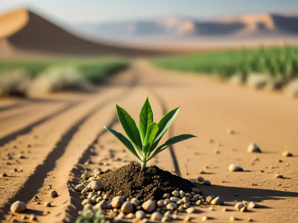 Un paisaje desértico vasto y árido con una sola planta verde prosperando, simbolizando el impacto de los abonos verdes en agricultura orgánica