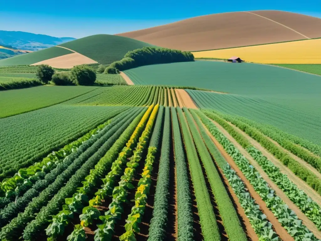 Un paisaje agrícola diverso bañado por el sol, que muestra la belleza y productividad de la diversidad en granjas orgánicas