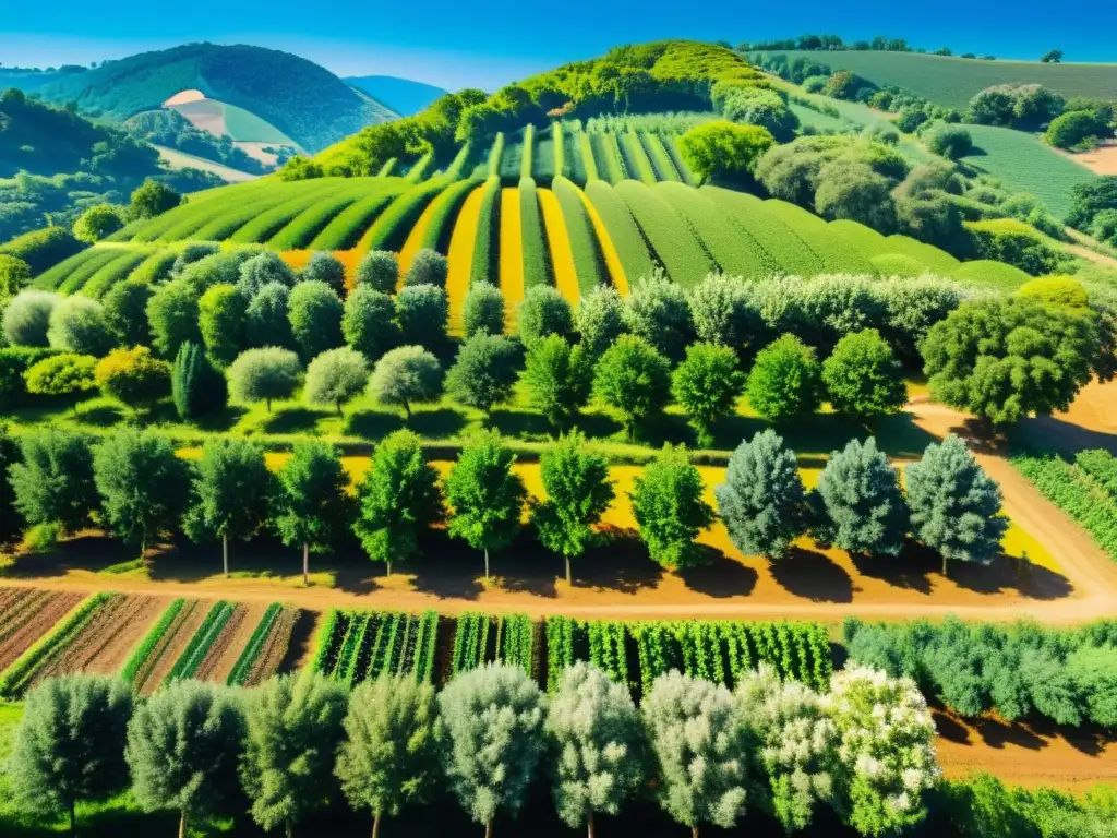 Un paisaje exuberante de agroforestería con árboles frutales, cultivos y vida silvestre, mostrando los beneficios de agroforestería en alimentos