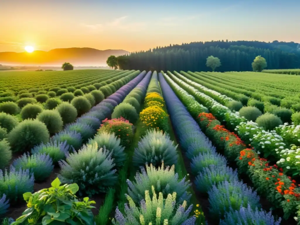 Un paisaje exuberante de agroforestería con árboles frutales, cultivos verdes y flores silvestres