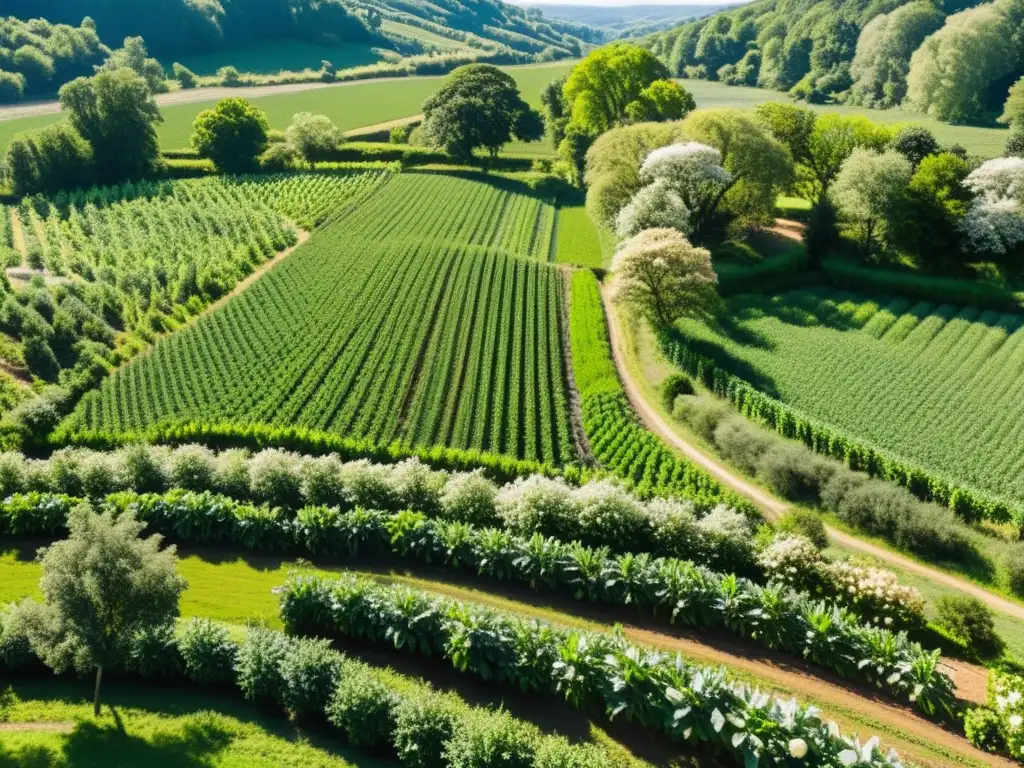 Un paisaje exuberante de agroforestería con árboles frutales, cultivos de maíz y frijoles, una granja y un río