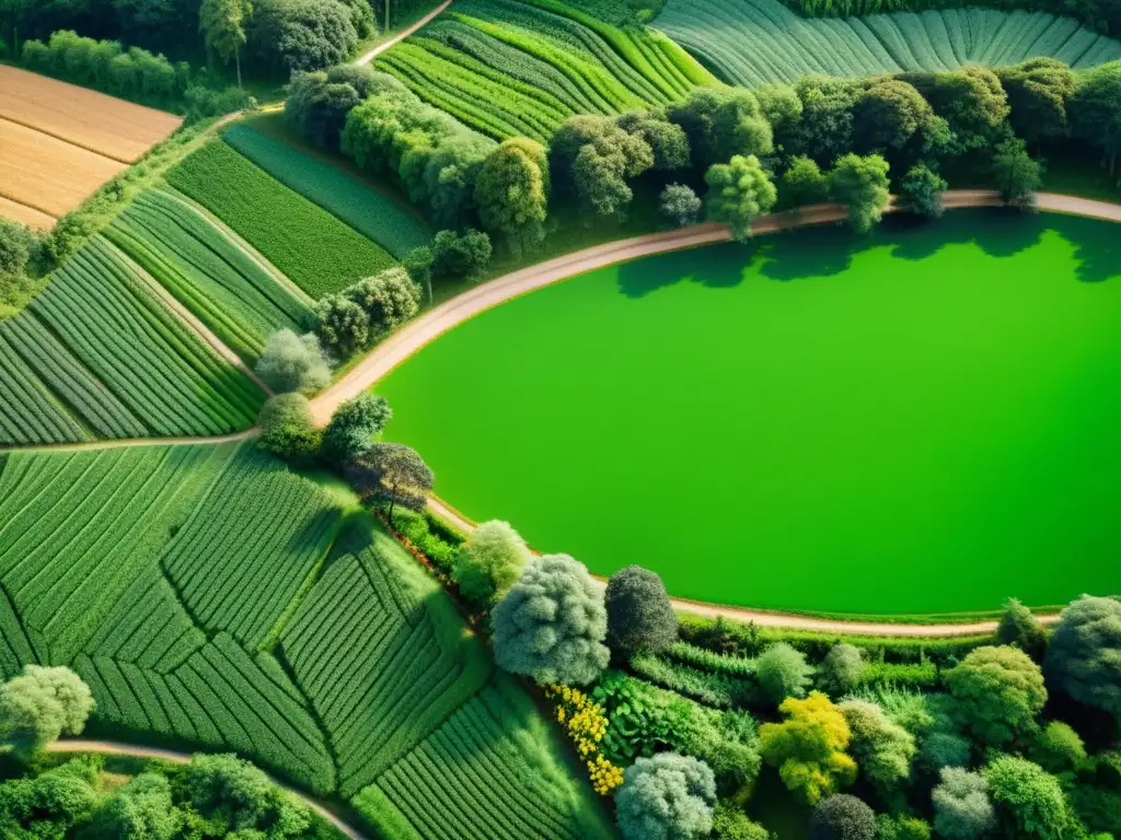 Un paisaje exuberante de agroforestería con una armoniosa mezcla de árboles, cultivos y elementos naturales, destacando la sostenibilidad y el reciclaje en agroforestería orgánica