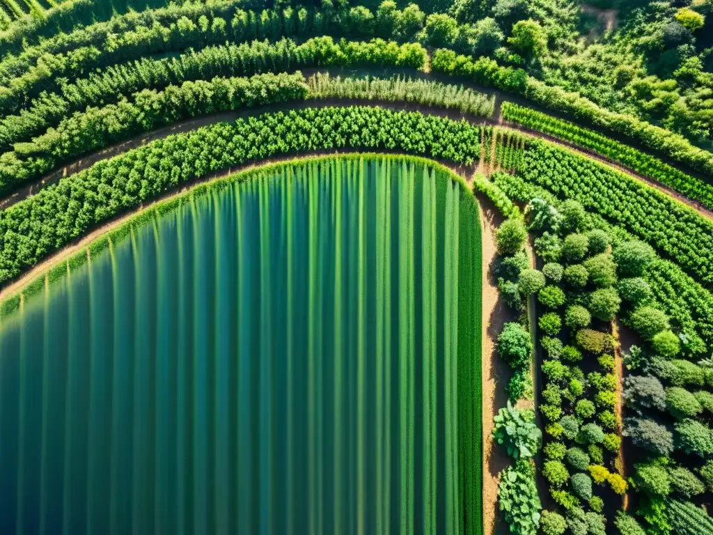 Un paisaje exuberante de agroforestería con cultivos orgánicos y árboles altos para sombra y soporte