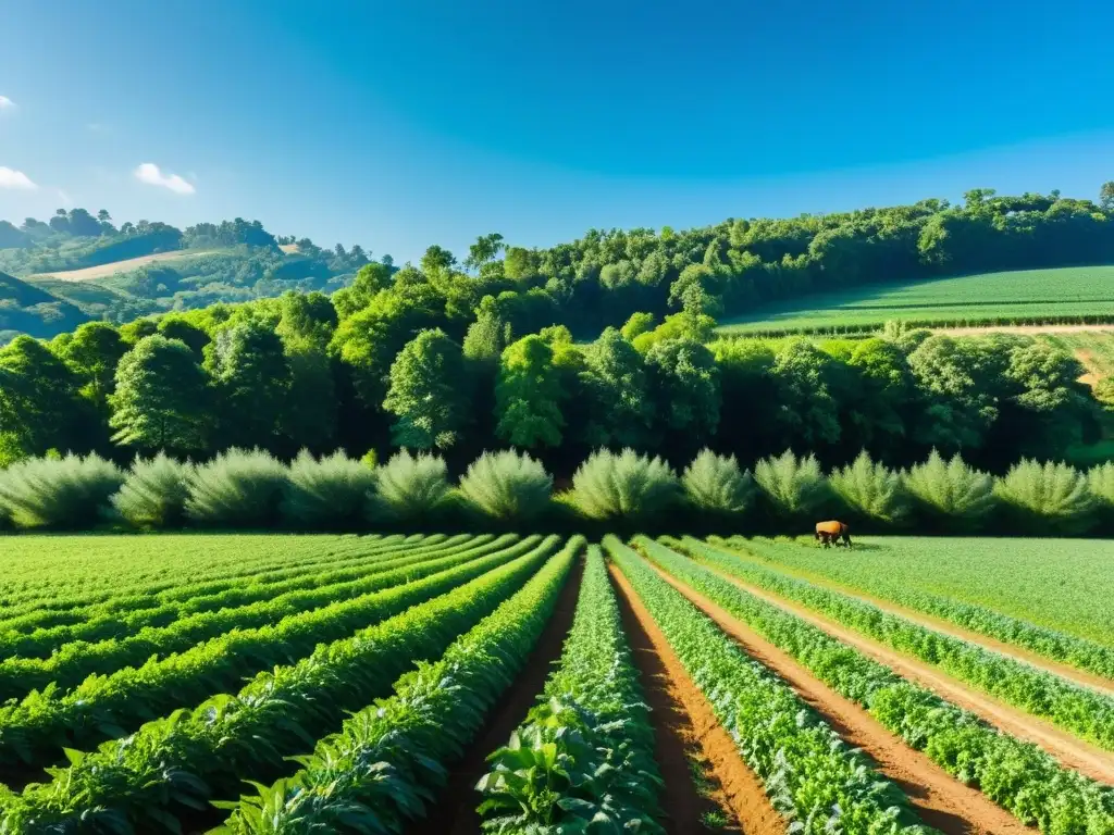 Un paisaje exuberante de agroforestería muestra cultivos verdes y árboles altos