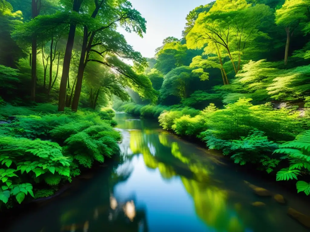 Un paisaje exuberante con un arroyo sereno reflejando la luz del sol