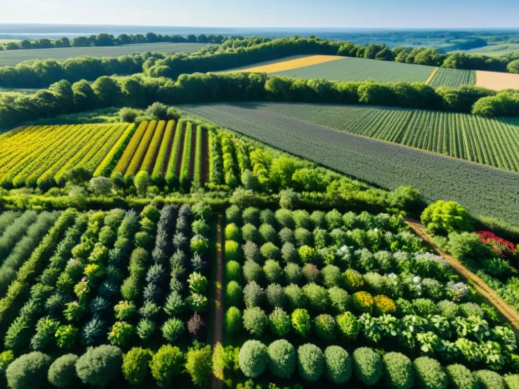 Un paisaje exuberante de una granja agroecológica con cultivos variados y árboles intercalados