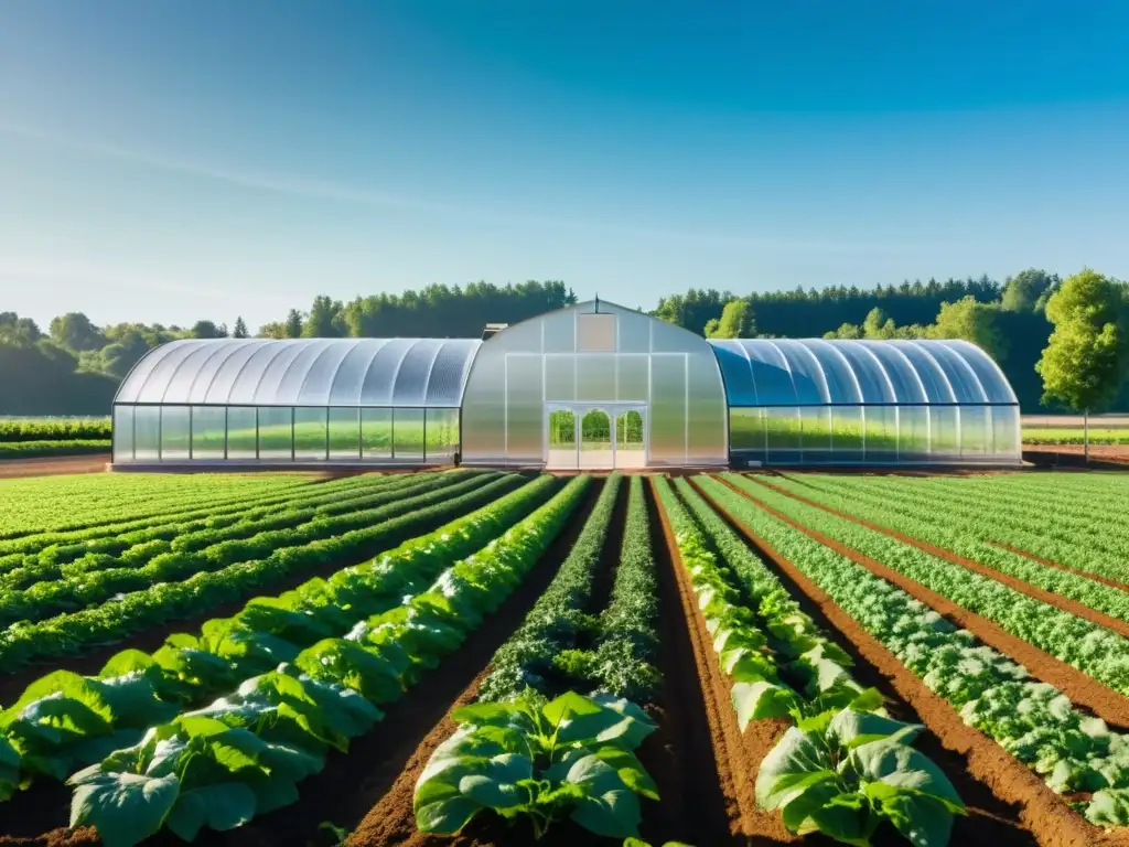 Un paisaje exuberante de una granja orgánica, donde la tecnología se fusiona armoniosamente con la agricultura tradicional