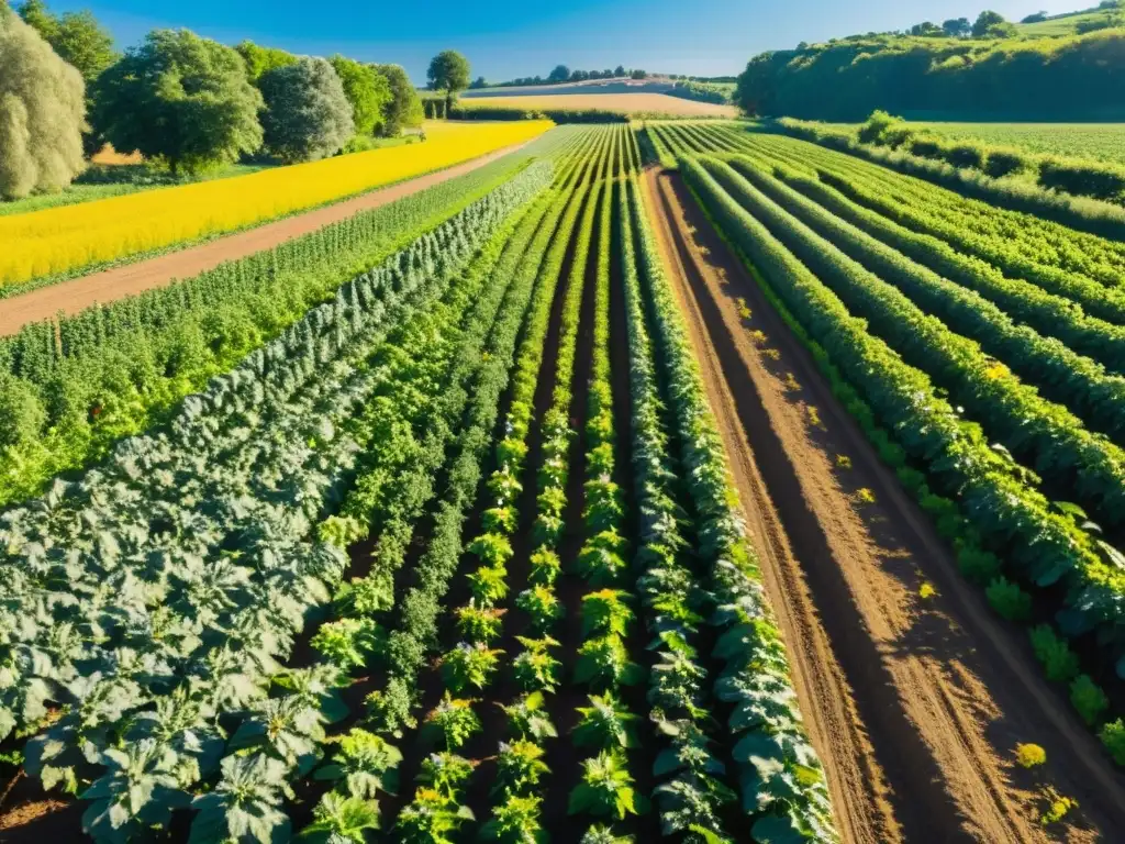 Un paisaje exuberante de una granja orgánica, con cultivos perfectamente alineados y una integración armoniosa de tecnología y naturaleza