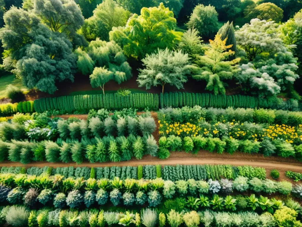 Un paisaje exuberante de agroforestería orgánica en permacultura, con una diversidad de árboles frutales, vegetales y plantas medicinales en armonía