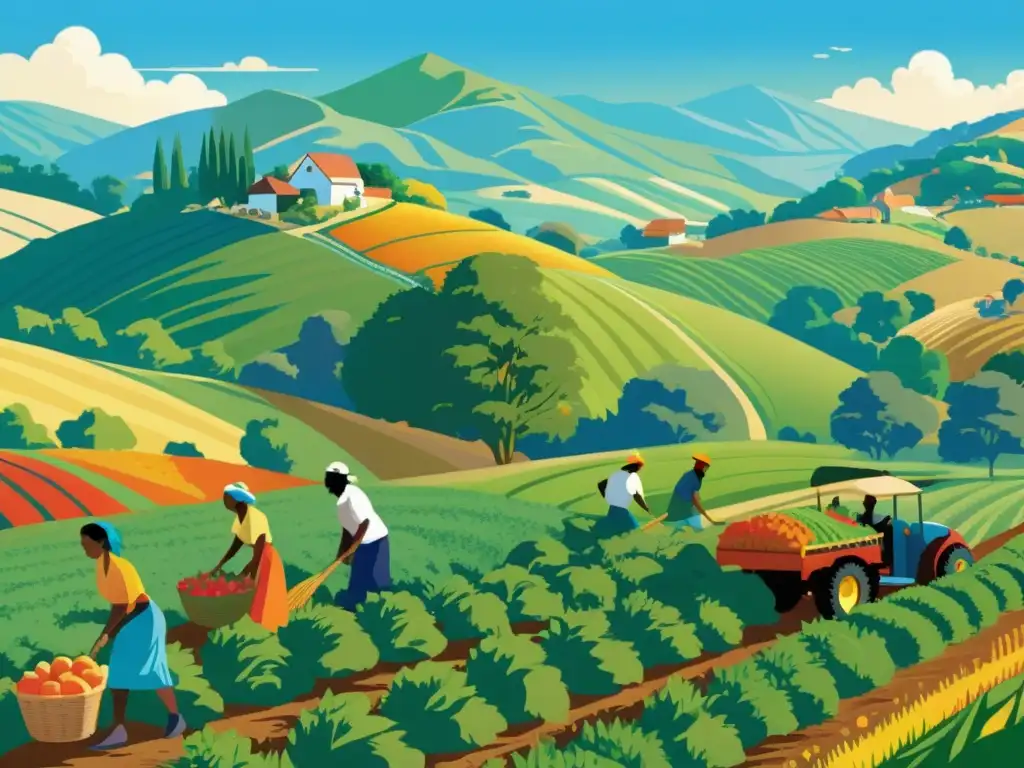 Unidos en la cosecha: diversidad y sostenibilidad global Un paisaje exuberante con personas de diversas culturas recolectando alimentos orgánicos