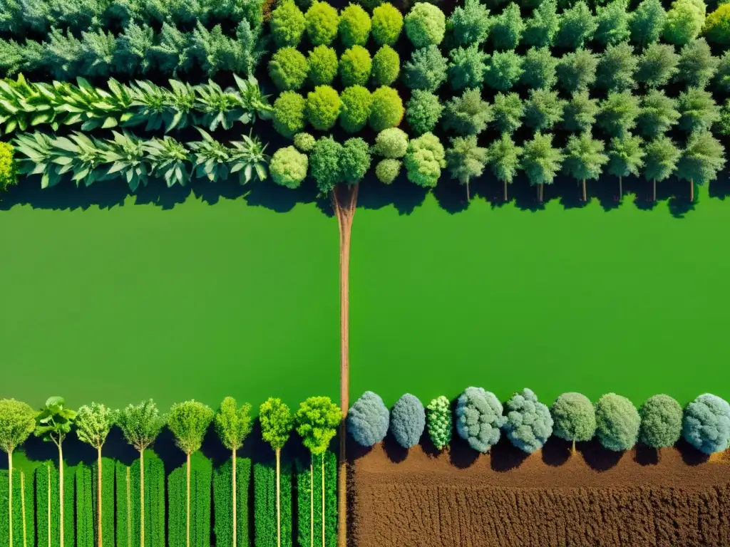 Un paisaje exuberante de técnicas agroforestales para suelos saludables, mostrando la armoniosa convivencia de diversos cultivos y suelo sano