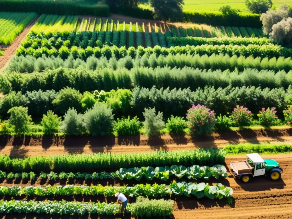 Un paisaje agrícola exuberante y vibrante con cultivos diversos, árboles frutales y flores silvestres