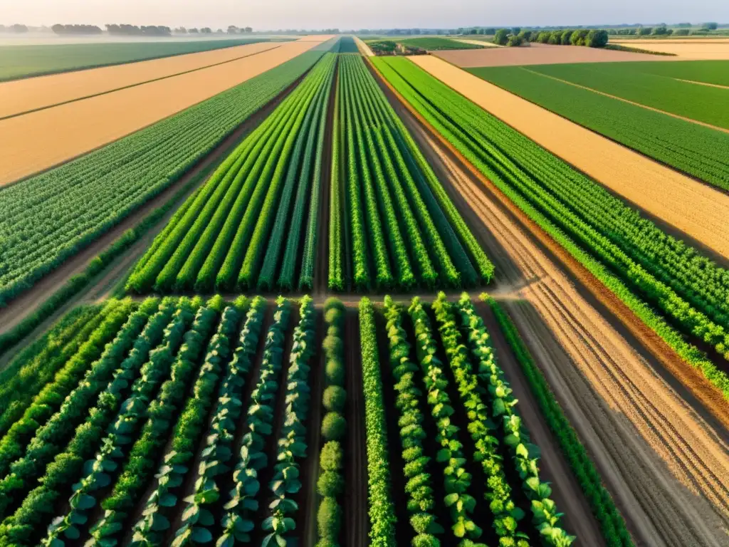 Un paisaje agrícola exuberante y vibrante con cultivos orgánicos y edificios rurales en armonía