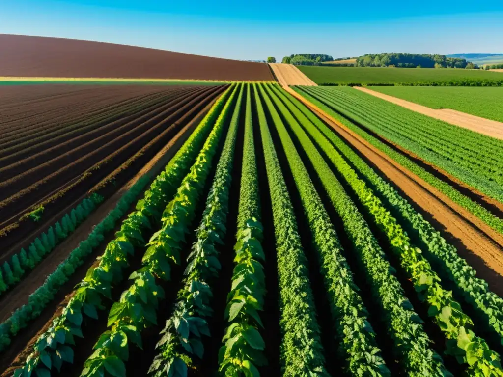 Un paisaje agrícola orgánico exuberante y vibrante con cultivos alineados perfectamente bajo un cielo azul