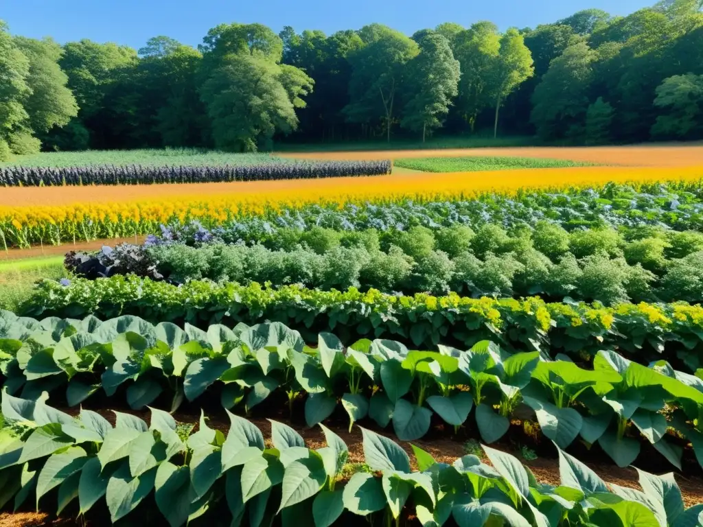 Un paisaje exuberante y vibrante de cultivos diversos en armonía, con vida silvestre y bosque al fondo