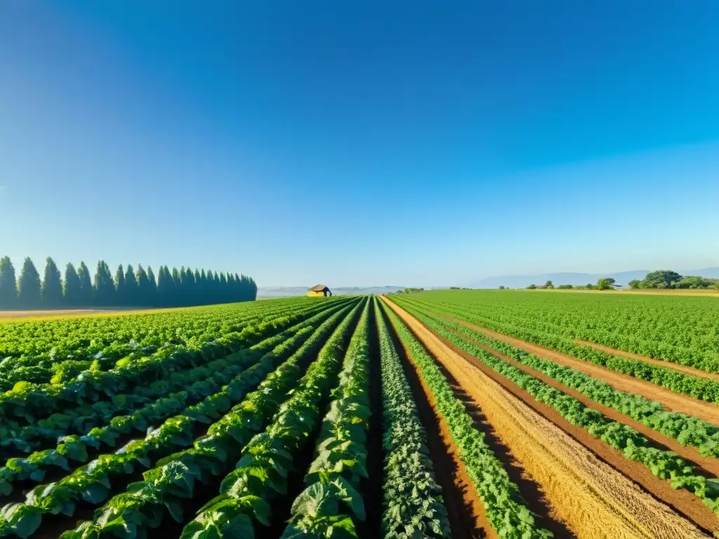 Granja orgánica próspera: certificación y éxito Un paisaje exuberante y vibrante de una granja orgánica con filas de cultivos ordenados bajo un cielo azul claro