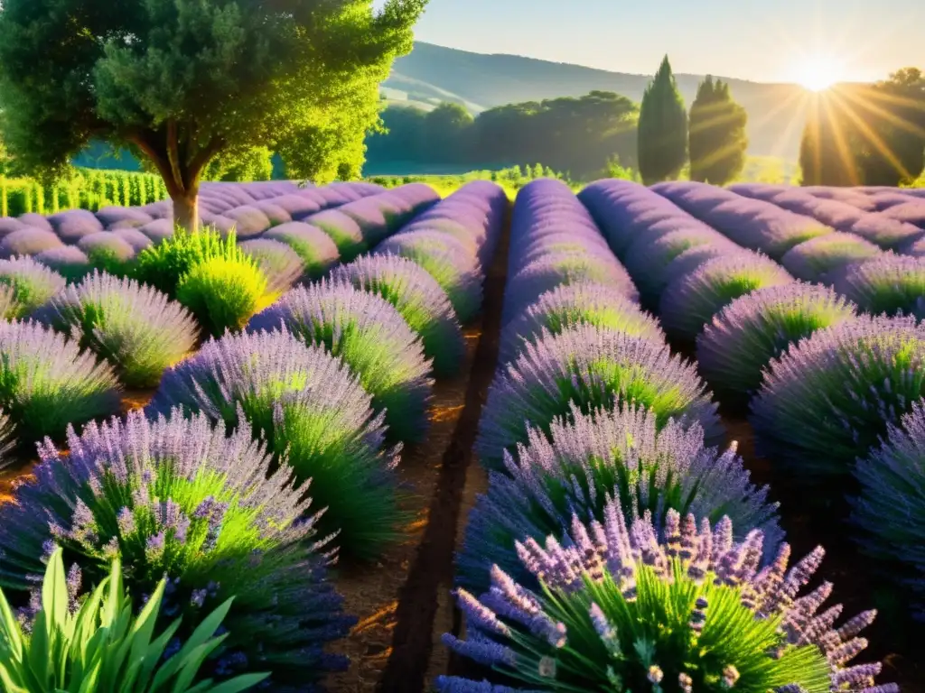 Un paisaje exuberante y vibrante de una granja orgánica con filas de plantas aromáticas como lavanda, romero y menta