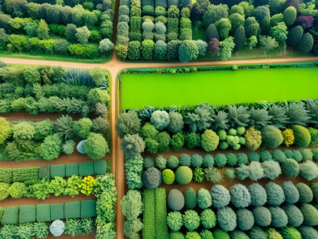 Un paisaje exuberante y vibrante de agroforestería en permacultura orgánica con árboles frutales, cultivos y plantas nativas en armonía sostenible